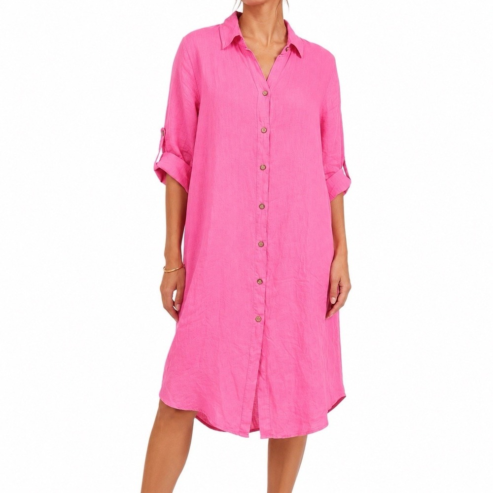 Italian 100% Linen Shirt Dress Tunic Cover-Up L/XL Pink Button Front Resort NWT